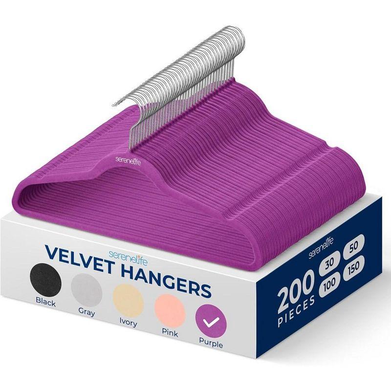 SereneLife 200pk Non-Slip Velvet Clothes Hangers - Purple