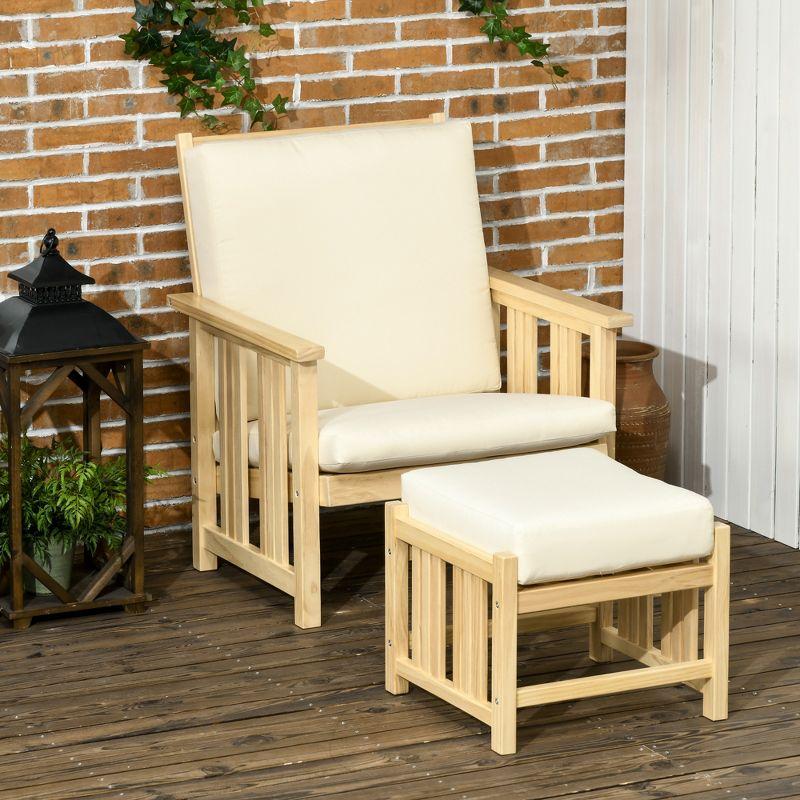 Beige Cushioned Wooden Outdoor Lounge Chair and Ottoman Set for 2