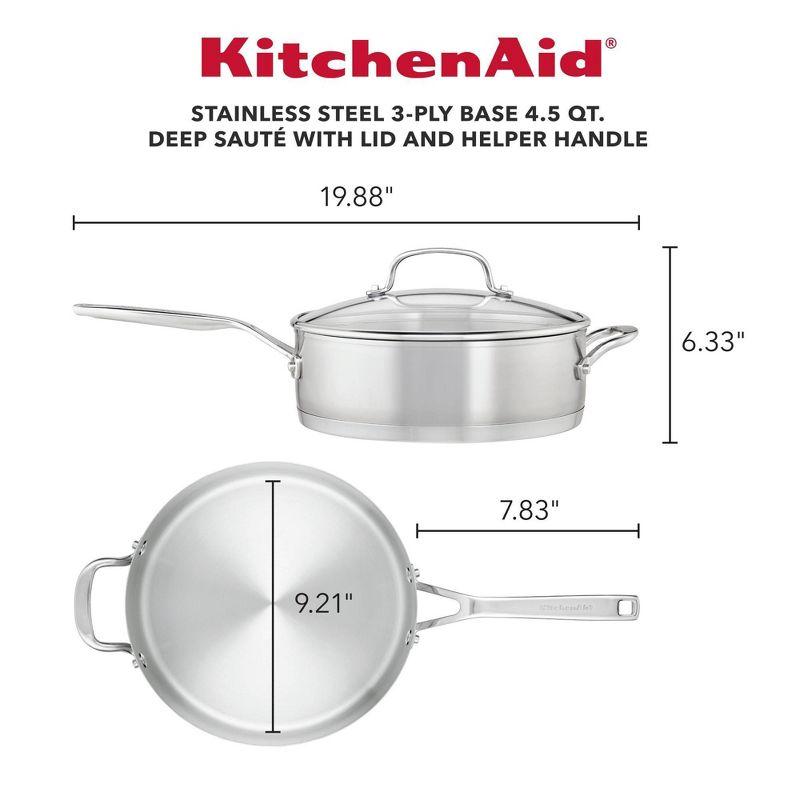 KitchenAid Stainless Steel 3-Ply Base 4.5qt Covered Deep Saute Pan with Helper Handle: Nonstick, Dishwasher-Safe, 12.5"