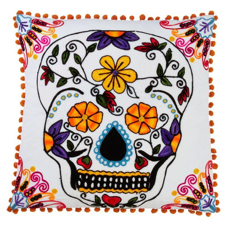 White Cotton Sugar Skull Pillow with Tassels, 18" Square