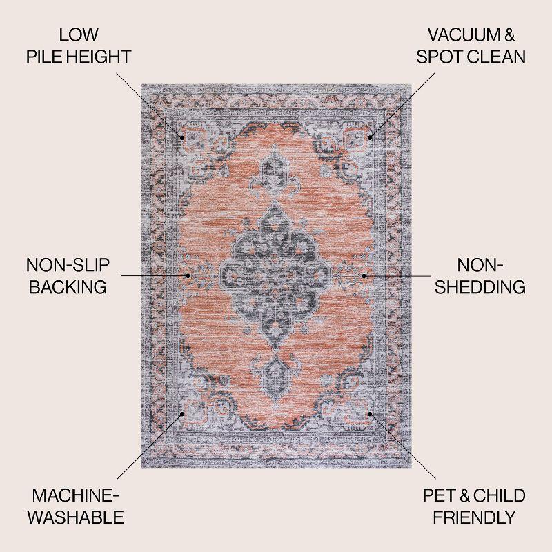 Wincer Chenille Cottage Medallion Machine-Washable Orange/Gray 5 ft. x 8 ft. Area Rug - JONATHAN Y