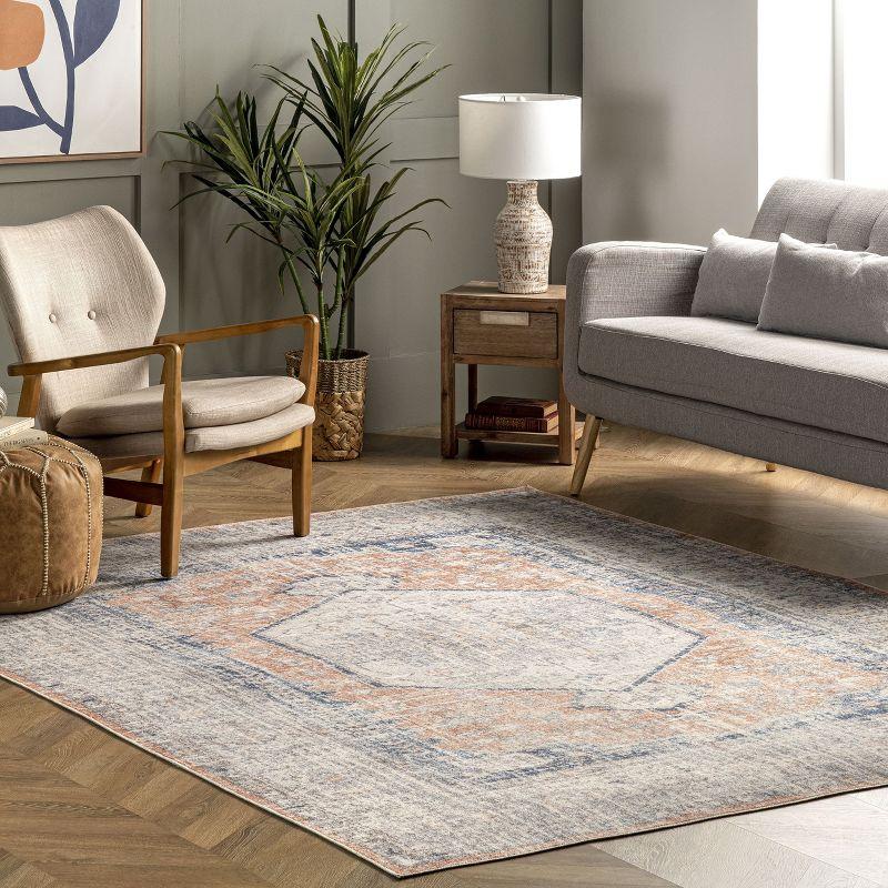 Nuloom 6 Square Machine Washable Rain Haven Vintage Medallion Indoor Area Rug, Peach Non-Slip Backing, Stain Resistant,  BedroomLiving Room, Kitchen