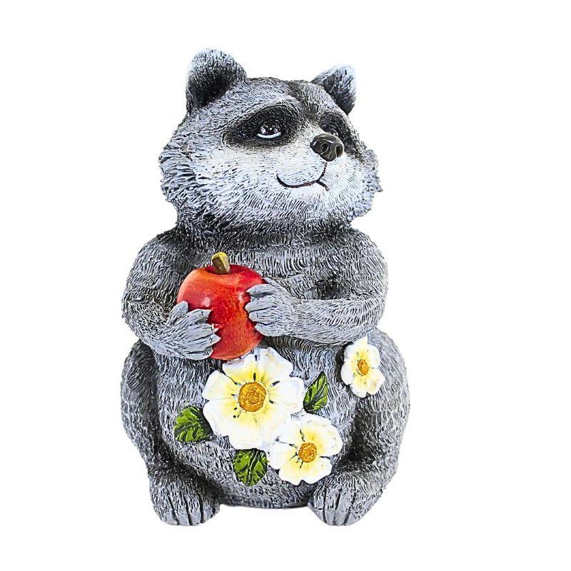 8.5 Inch Gray Polyresin Raccoon Garden Statue with Apple and Flowers