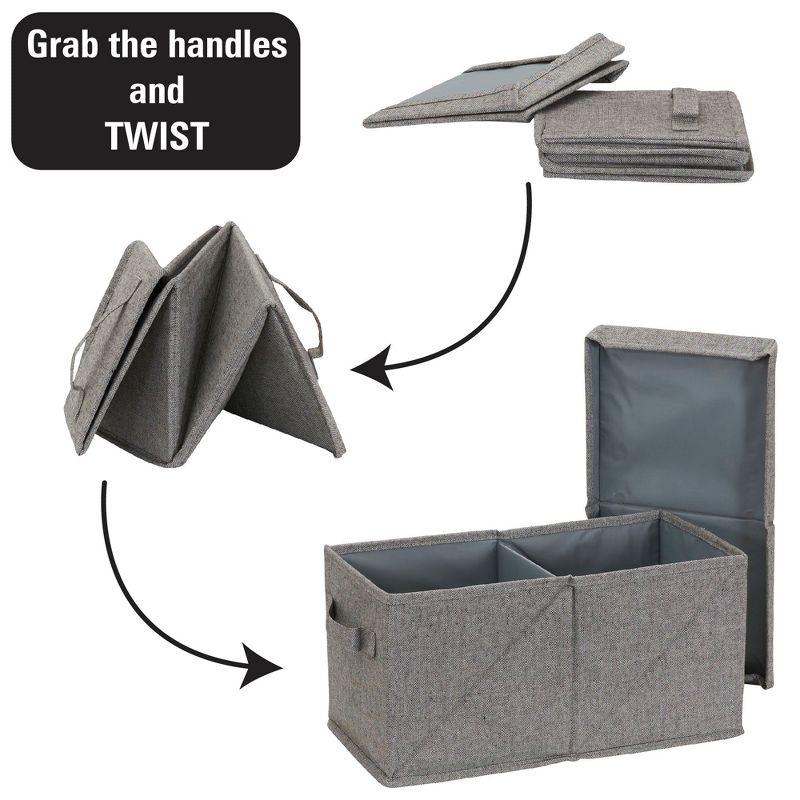 Jumbo Fabric Storage Bin, Double Twist Box, Foldable Frame and Lid, Space-Saving, Double Handles, Center Divider, Grey