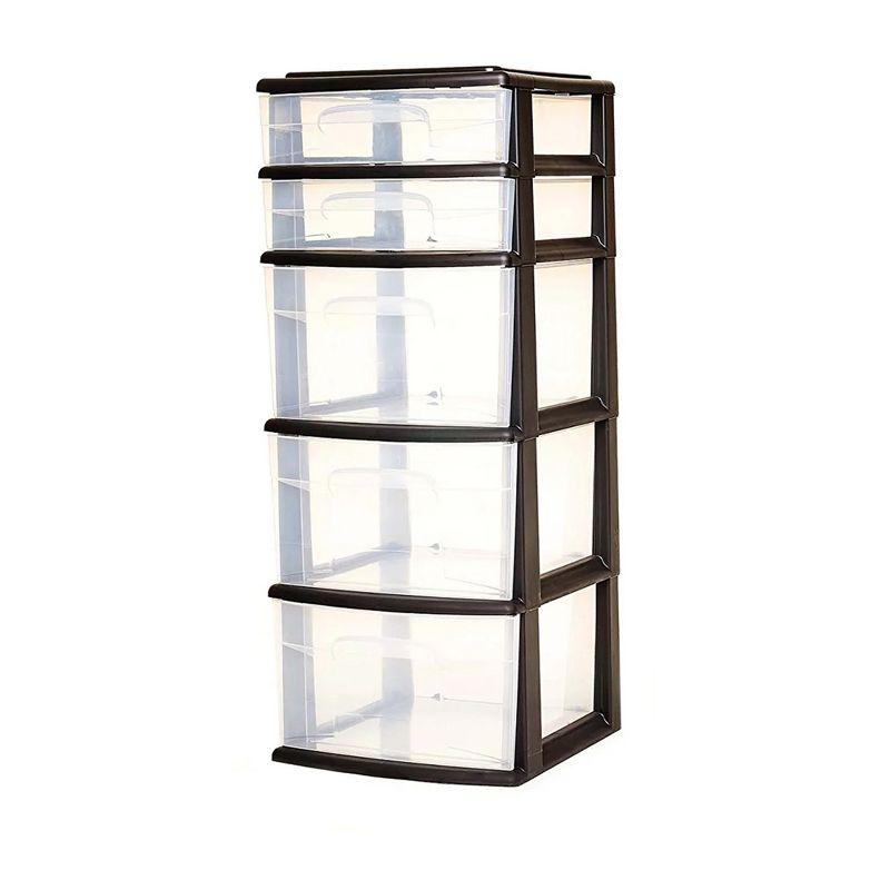Homz Plastic 5 Clear Drawer Medium Home Closet Organizer Storage Container Tower with 3 Large Drawers and 2 Small Drawers, Black Frame