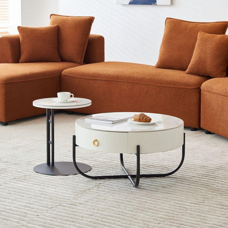 Round Marble Nesting Coffee Table Set with Storage and Metal Frame