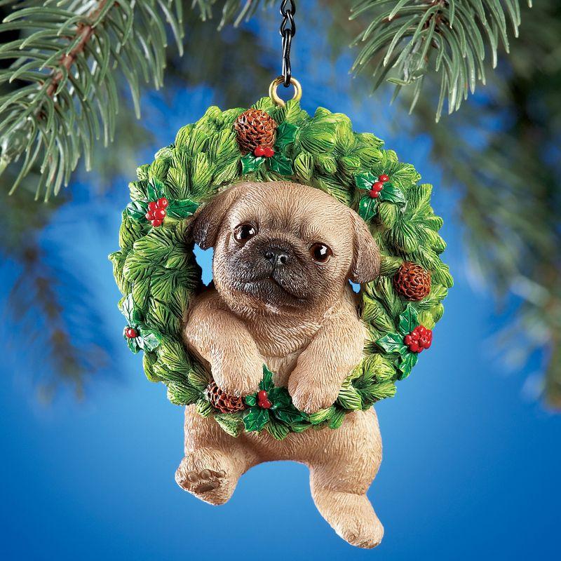 Collections Etc Hand Painted Pet-In-Wreath Hanging Christmas Tree Ornament Pug