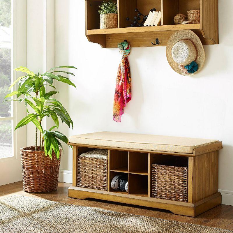 Brennan Natural Wood Entryway Bench with Upholstered Cushion and Storage Baskets