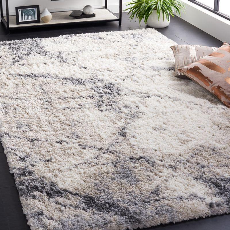 Ivory and Gray Square Shag Rug with Modern Abstract Design