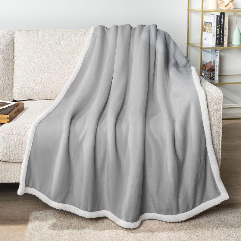 PAVILIA Premium Faux Shearling Fleece Throw Blanket for Bed, Reversible Warm Blanket for Couch Sofa, Light Gray/Throw - 50x60