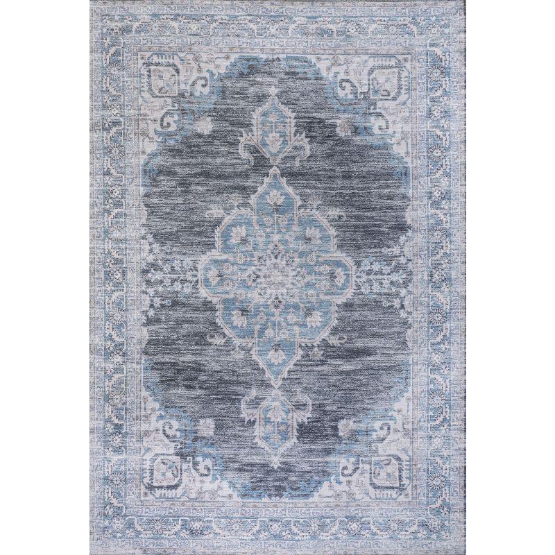 Wincer Chenille Cottage Medallion Machine-Washable Gray/Blue/White 3 ft. x 5 ft. Area Rug - JONATHAN Y