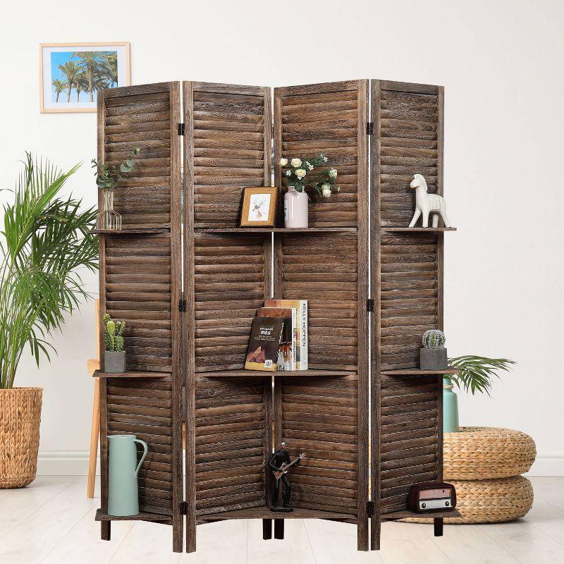 Proman Products Rancho 4 Shelf Panel Folding Screen Room Partition Paulownia Wood: Privacy Screen with Storage, No Assembly