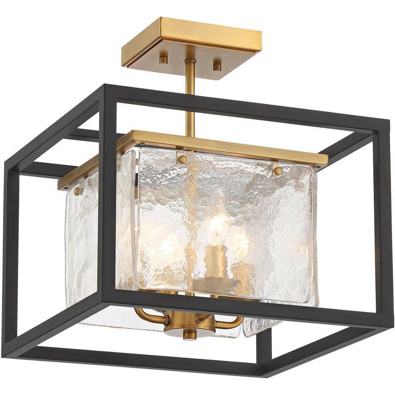 Liston 14" Black Brass Semi-Flush Mount with Iced Glass Panels