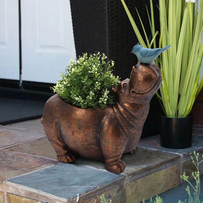 LuxenHome Brown Hippo and Blue Bird MgO Flower Pot Planter