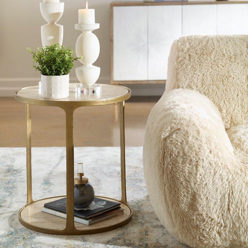 Beige Travertine and Brass Round Side Table