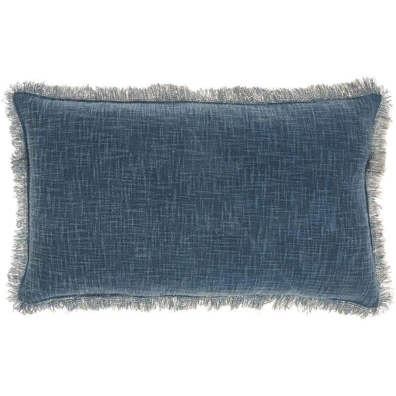 Navy Stonewash Fringed Cotton 14" x 24" Throw Pillow