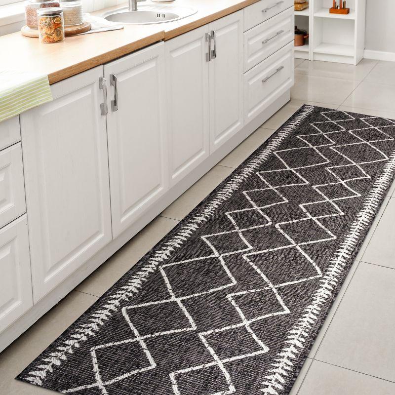 2'x10' Derya  Diamond Trellis Indoor/Outdoor Runner Rug, Black/Ivory - JONATHAN Y