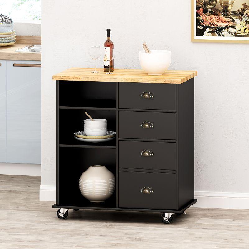 Black and Natural Rubberwood Kitchen Cart with Storage