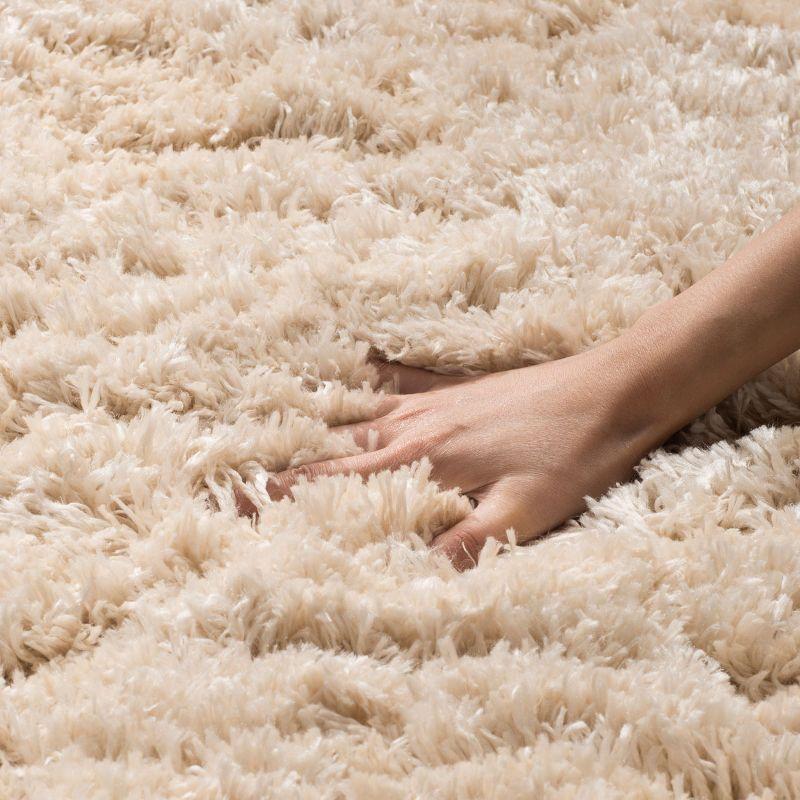 Sumptuous Silken Light Beige Round Shag Rug, Easy-Care Synthetic