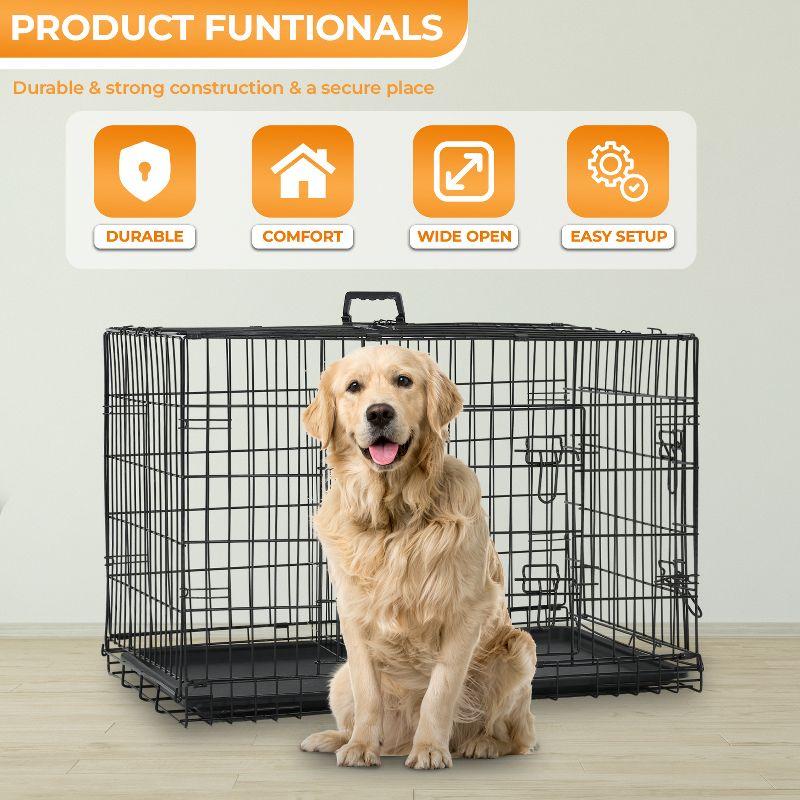 FDW 48 Inch Dog Crates for Large Dogs, Folding Mental Wire Crates Dog Kennels Pet Dog Cage Crate with Double-Door Removable Tray and Handle,Black