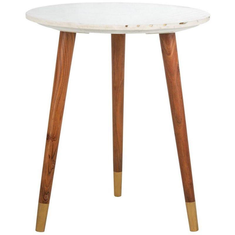 Transitional Round Wood & Stone Accent Table with Brass Inlay