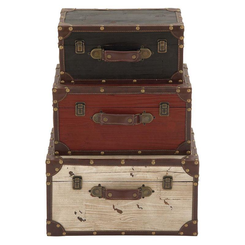 Set of 3 Multicolor Wood and Leather Storage Trunks