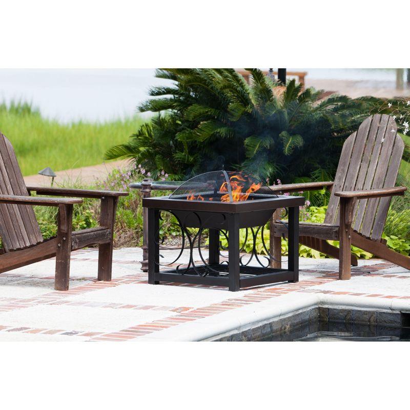 Fire Sense Fire Pit Cocktail Square Table Wood Burning Mesh Spark Screen Wood Grate with Storage Rack – Hammered Bronze Finish