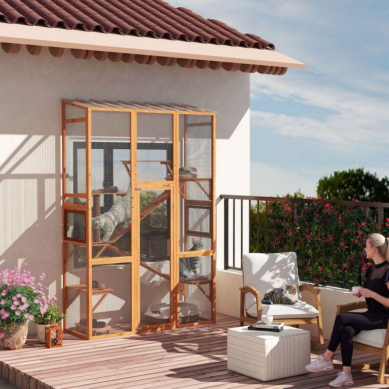 PawHut Outdoor Catio Cat Enclosure, Large Wooden Cat House with 6 Jumping Platforms, Scratching Post, 2 Ramps, Waterproof Roof, for 2-3 Kittens