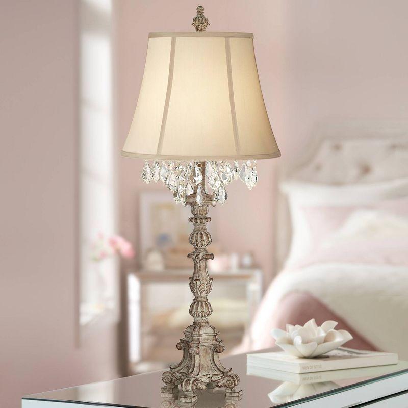 Barnes and Ivy Duval Traditional Table Lamp 34" Tall Distressed Antique White Candlestick Crystal Beige Fabric Bell Shade for Bedroom Living Room Home