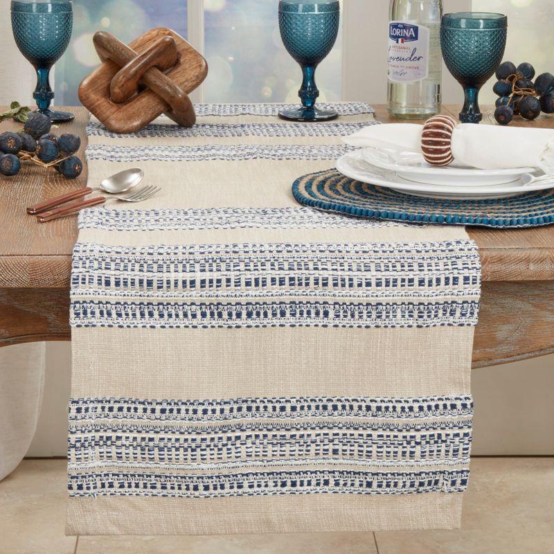 Blue and Beige Cotton Striped Table Runner, 16"x72"