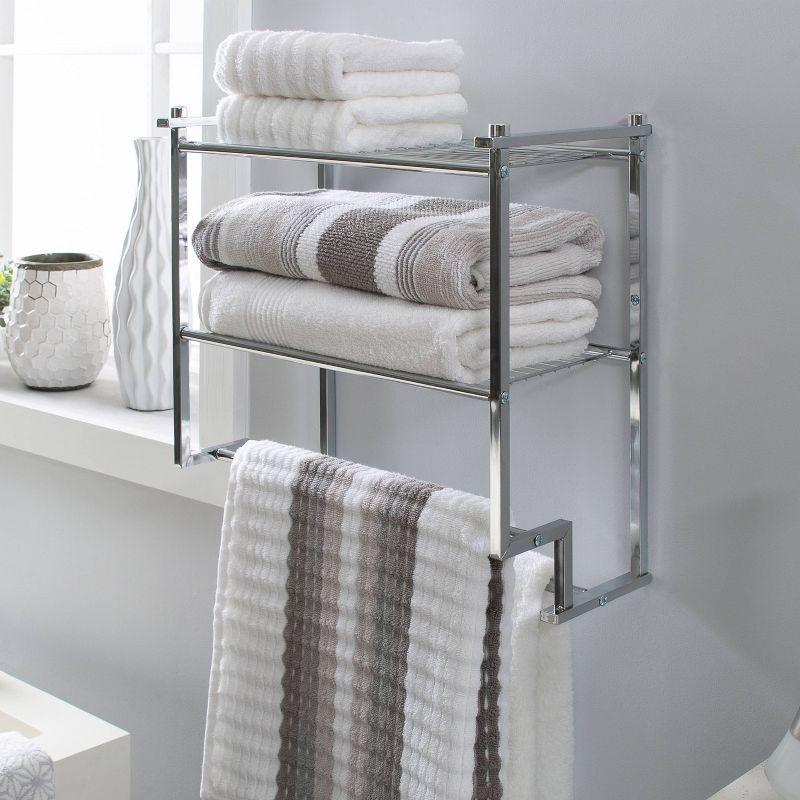 Two Tier Wall Mounting Rack with Towel Bar Silver - Organize It All: Chrome Bathroom Furniture, Storage Cabinet with 2 Shelves