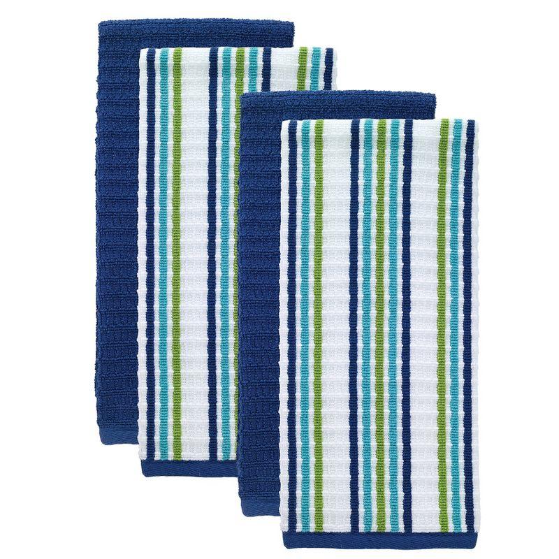 T-fal Solid and Stripe Waffle Kitchen Towel, Four Pack