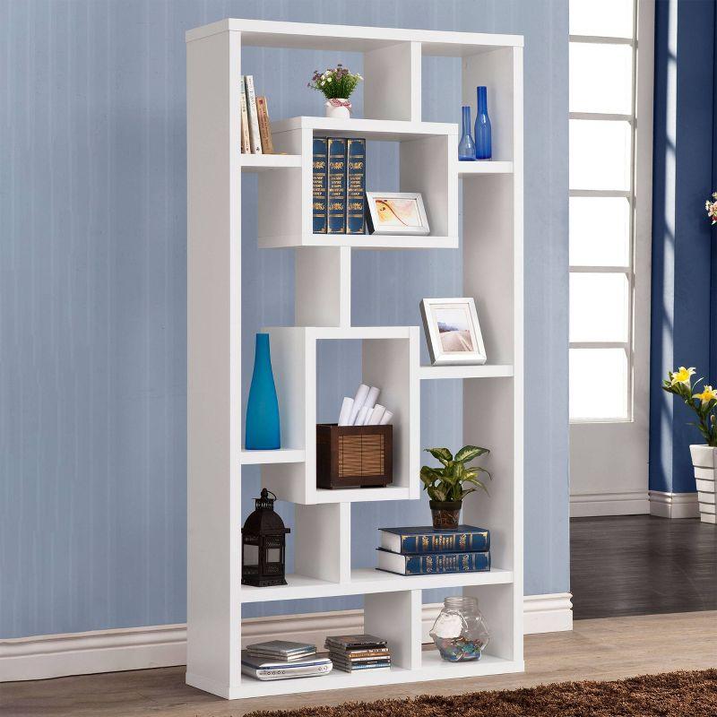 Contemporary White Wood Ladder Bookcase with 10 Varied Shelves