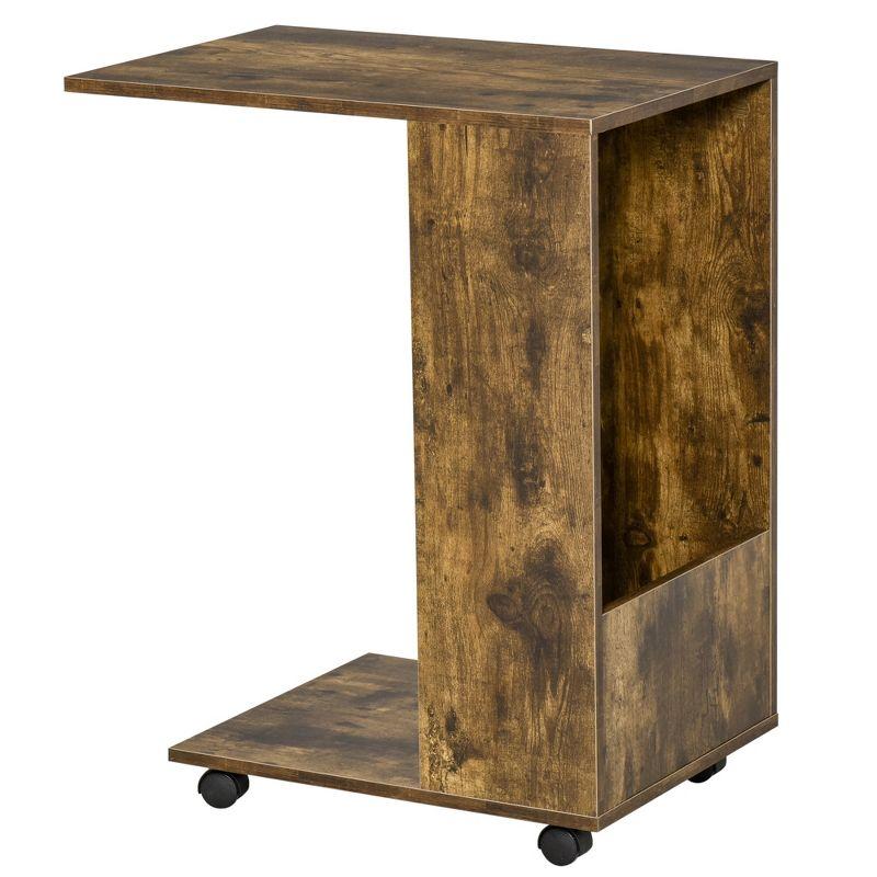 Compact C-Shaped Mobile Side Table with Storage in Rustic Brown Wood