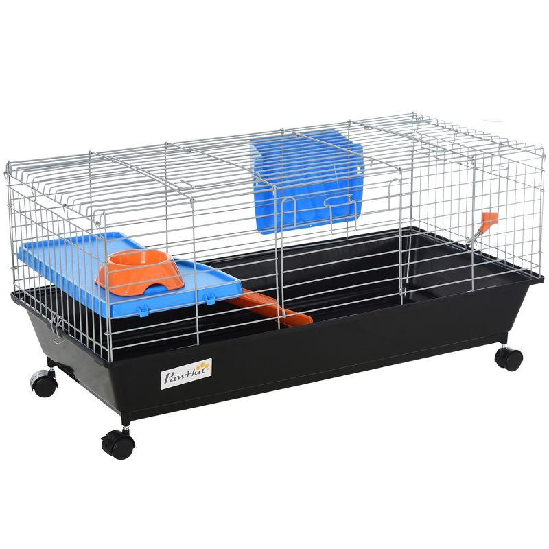 PawHut 35" Black Small Animal Cage with Wheels and Ramp