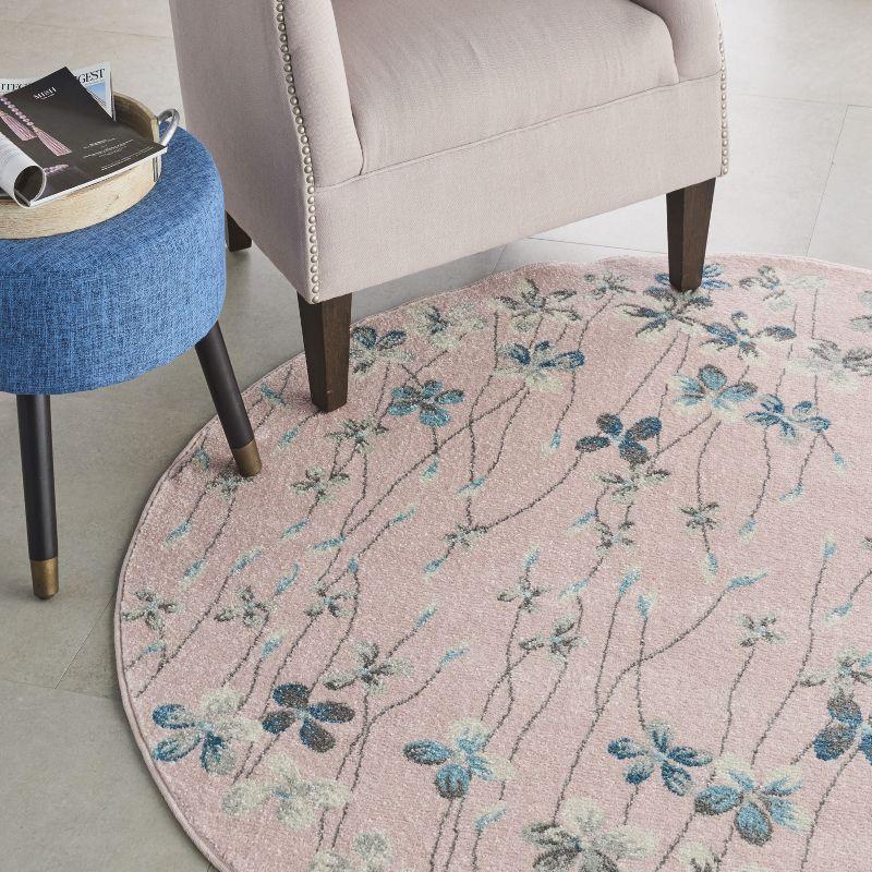 Blushing Blossom 63'' Round Pink Floral Easy-Care Area Rug