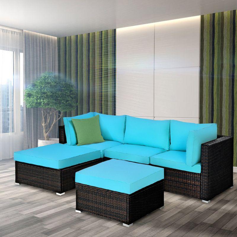 Tangkula 5PCS Cushioned Rattan Patio Conversation Set Outdoor Furniture Set w/ Ottoman
