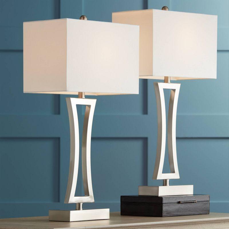 Sleek Brushed Nickel Modern Table Lamp Duo with Off-White Shades