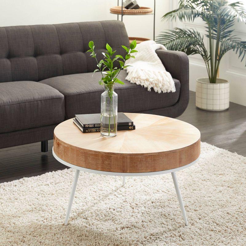 Modern Minimalist Round Coffee Table with White Distressed Iron Legs, 32"W