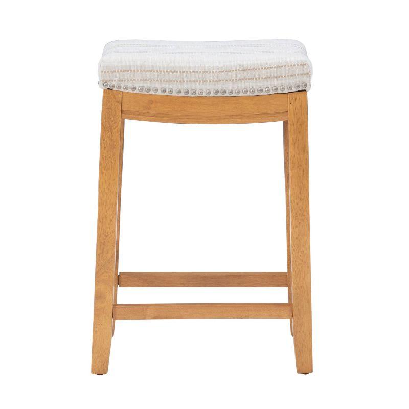 Natural Wood Backless Saddle Counter Stool with Striped Linen Seat