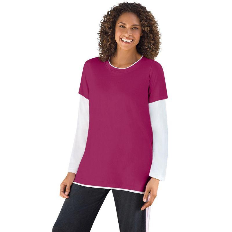 Plus Size Raspberry Cotton Jersey Long Sleeve Layered-Look Tee