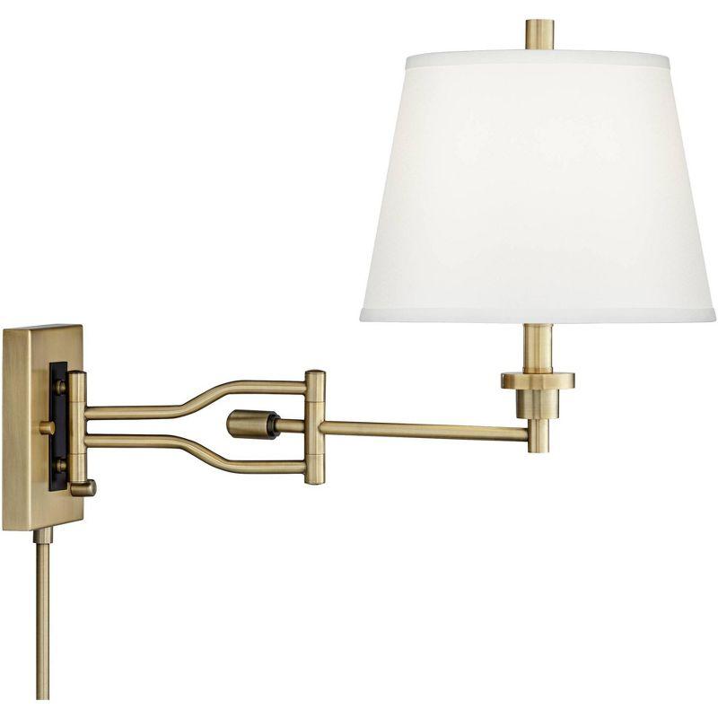 Barnes and Ivy Eleganta Vintage Swing Arm Wall Lamps Set of 2 Brushed Satin Brass Plug-In Light Fixture White Linen for Bedroom