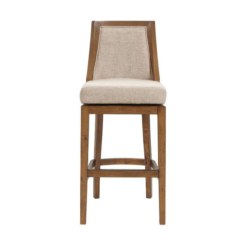 Alaterre Ellie Bar Height Stool, Back, Swivel Seat, Brown, Upholstered Padded Seat, Rubberwood Frame, Steel Memory Return Mechanism, Dimensions 19 in. W x 22 in. D x 46 in. H, Footrest, Metal Kick Plate