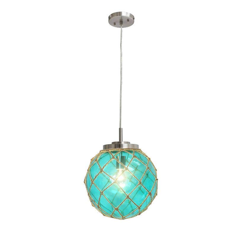 Buoy Netted Coastal Ocean Sea Glass Pendant with Natural Rope Aqua - Elegant Designs: Brushed Nickel Canopy, UL Listed