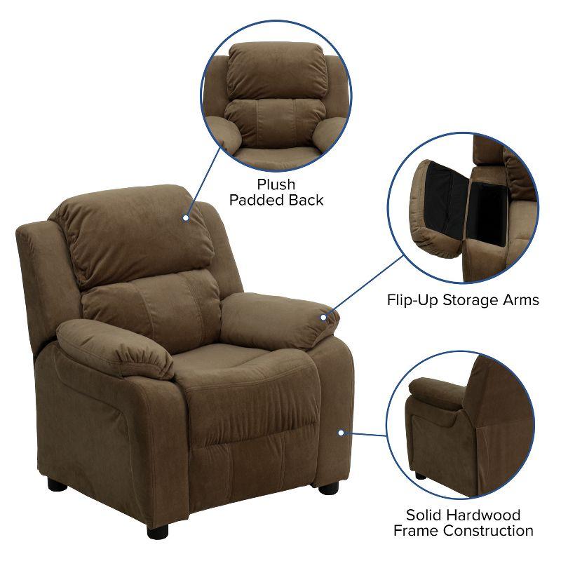 Emma and Oliver Deluxe Padded Brown Microfiber Kids Recliner with Storage Arms