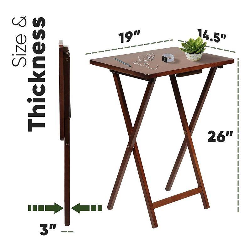 Honey Oak Solid Wood Folding TV Snack Tray Tables with Storage Rack, 5 Piece Set