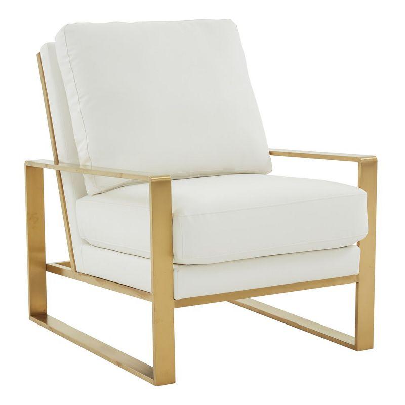 LeisureMod Jefferson Accent Arm Chair Upholstered in Faux Leather with Gold Stainless Steel Frame in White