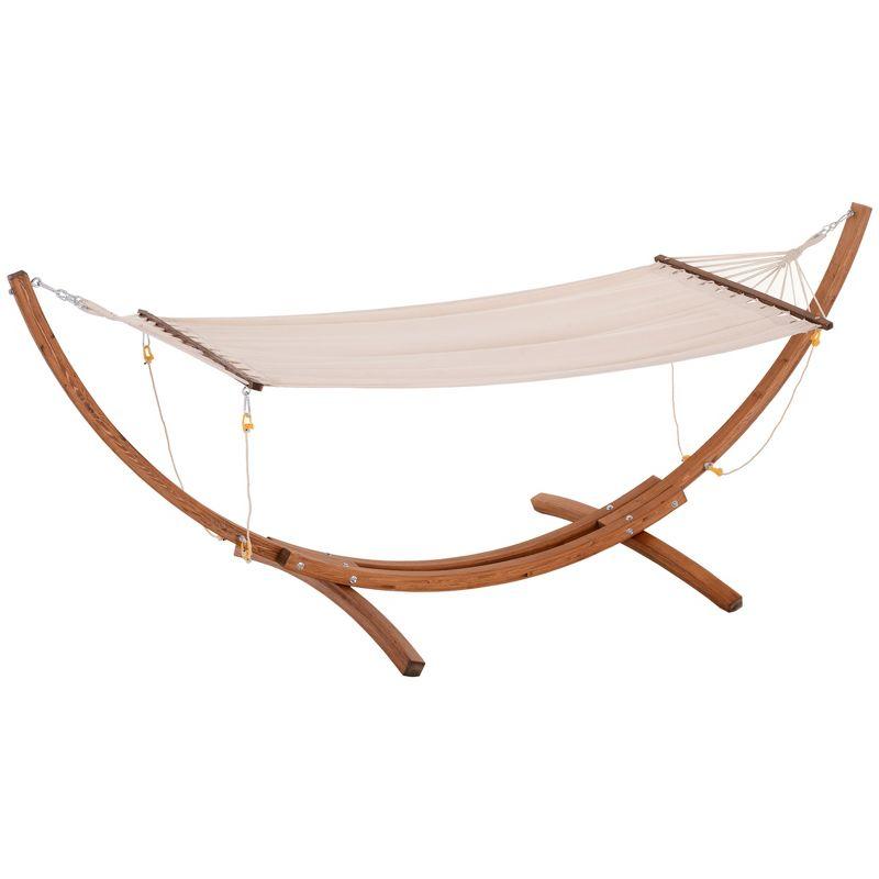 Outsunny Outdoor Hammock with Stand, Heavy Duty Wooden Frame, No Tree Needed, Indoor Outside Boho Style Nap Bed, Natural Cotton, White