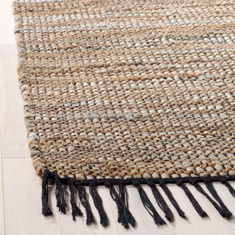 Beige Handwoven Leather Square Area Rug with Fringe