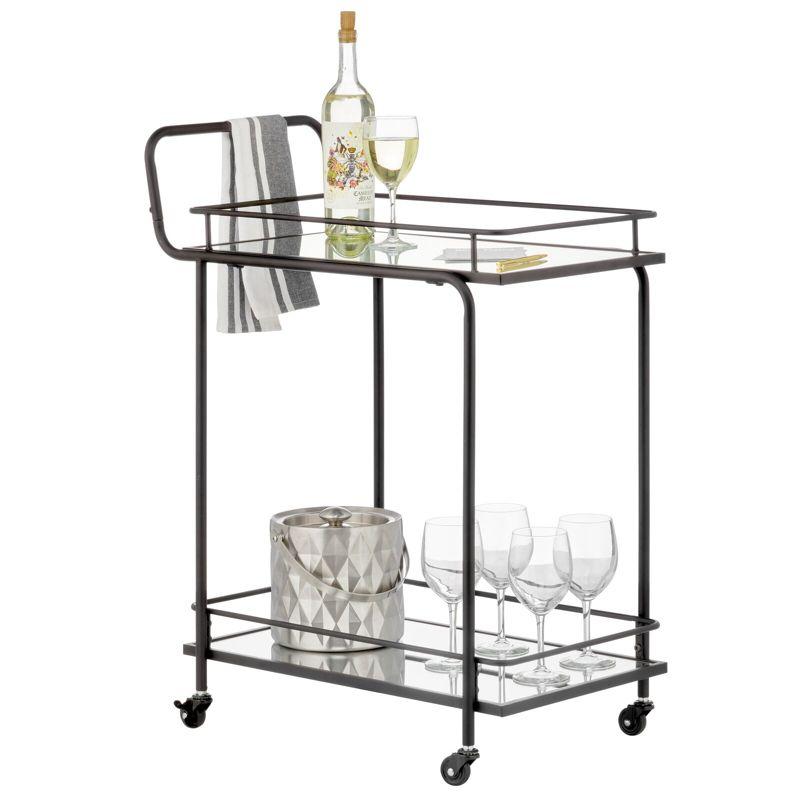 Elegant Black Metal Rectangular Bar Cart with Glass Shelves and Wine Rack